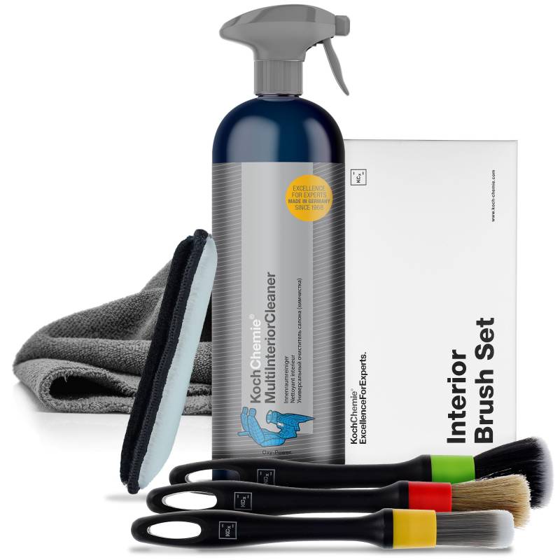 Auto Reinigungsset Innenraum | Koch Chemie Multi Interior Cleaner 750ml Innenraumreiniger + 3x Detailing Pinsel + Mikrofasertuch + Mikrofaser Pad |Effiziente Reinigung von Polster Textil Kunststoff von autopflege