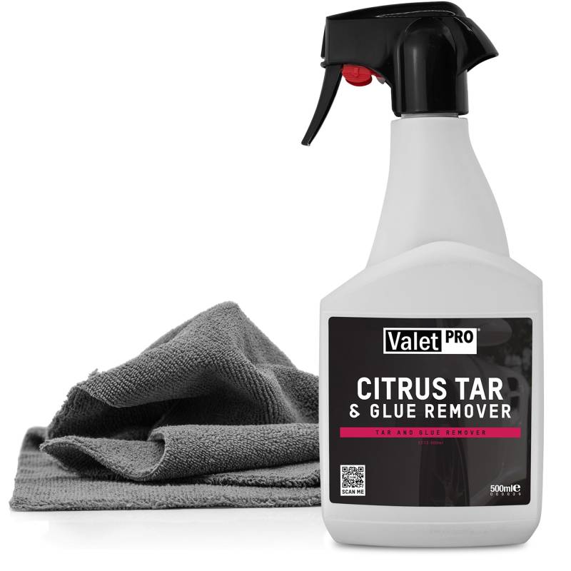 Autolack Klebstoff- & Teerentferner Set | ValetPRO Citrus Tar & Glue Remover 500 ml + Mikrofasertuch | Entfernt Kleberückstände Teer Baumharz von harten und lackierten Oberflächen am Auto von autopflege