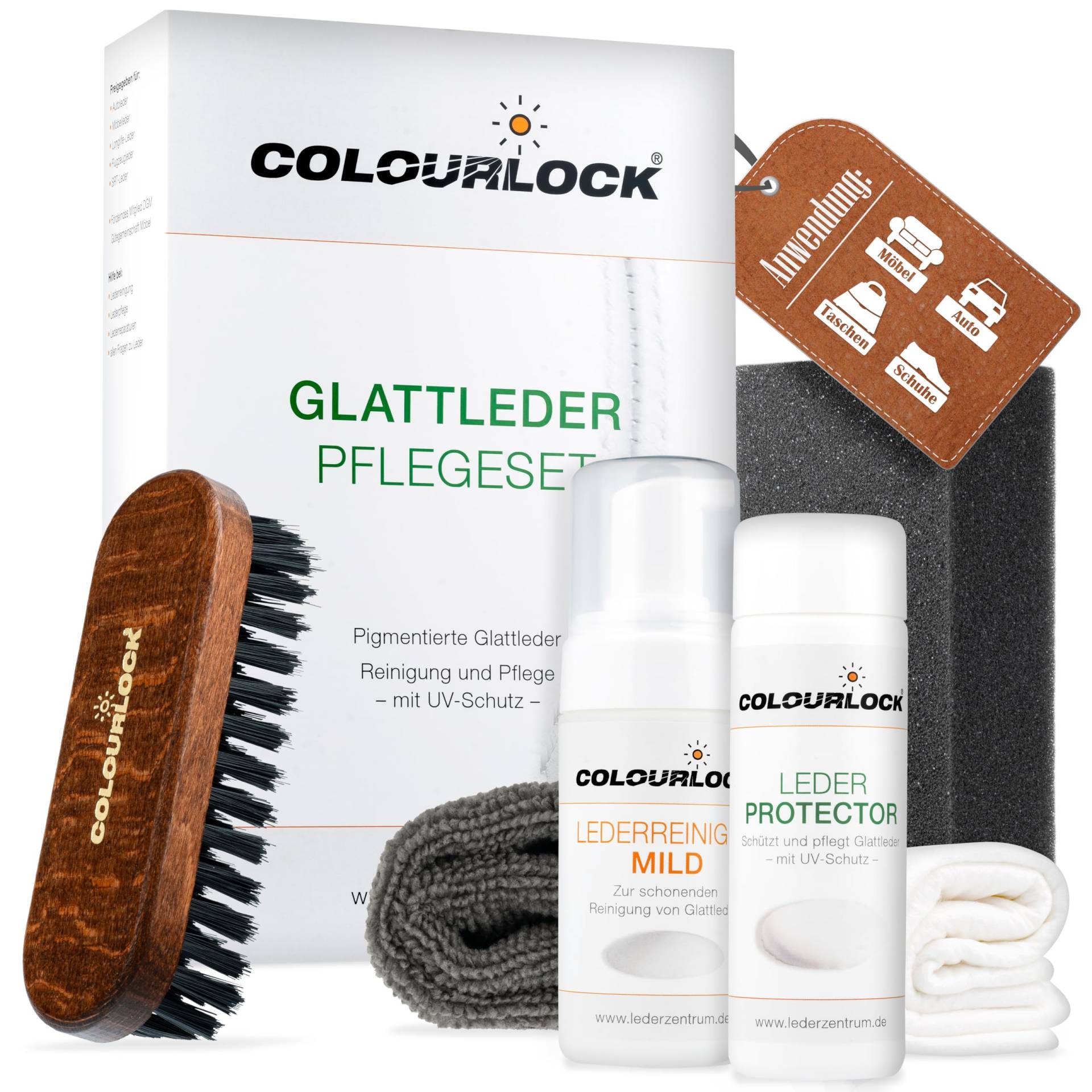 COLOURLOCK Lederpflege Set Glattleder | Leder Pflege Set geeignet für Auto Sofa Couch UVM. | Lederreiniger Mild + Leder Protector + Reinigungsbürste + Reinigungsschwamm + Tücher von autopflege