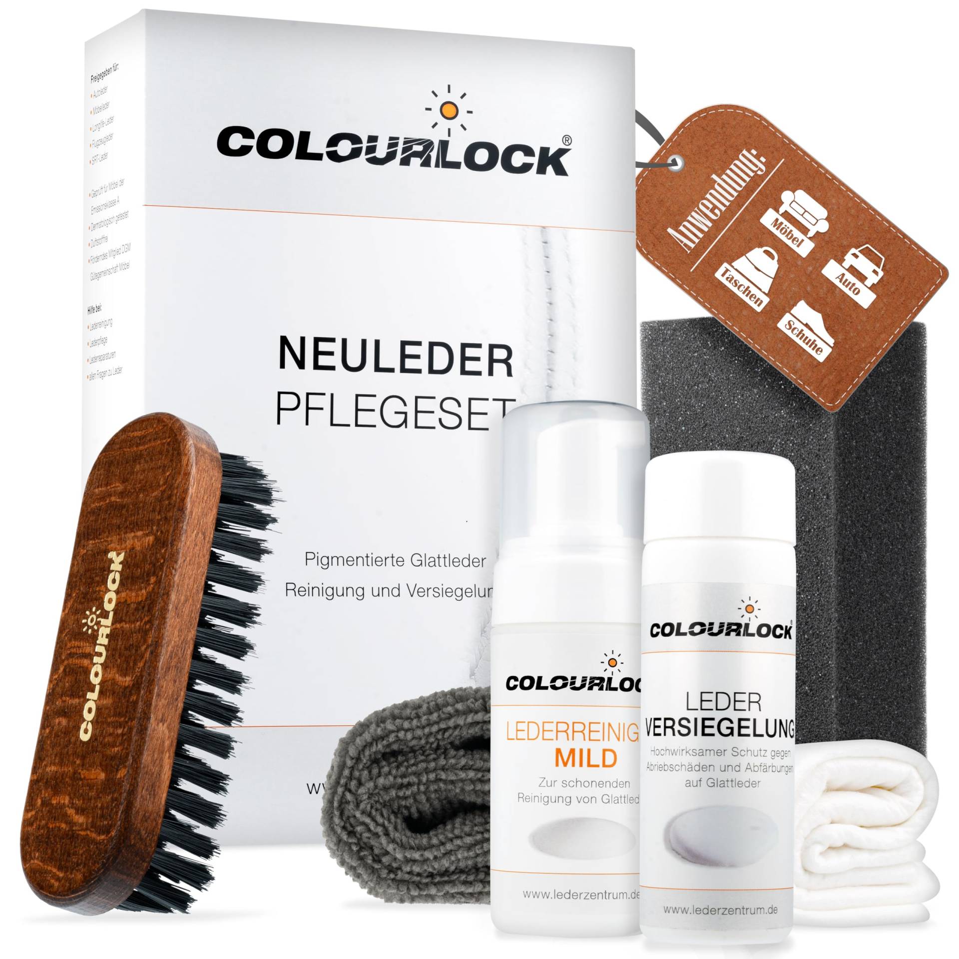 COLOURLOCK Lederpflege Set Neuleder | Leder Pflege Set geeignet für Auto Sofa Couch UVM. | Lederreiniger Mild + Leder Versiegelung + Reinigungsbürste + Reinigungsschwamm + Tücher von autopflege