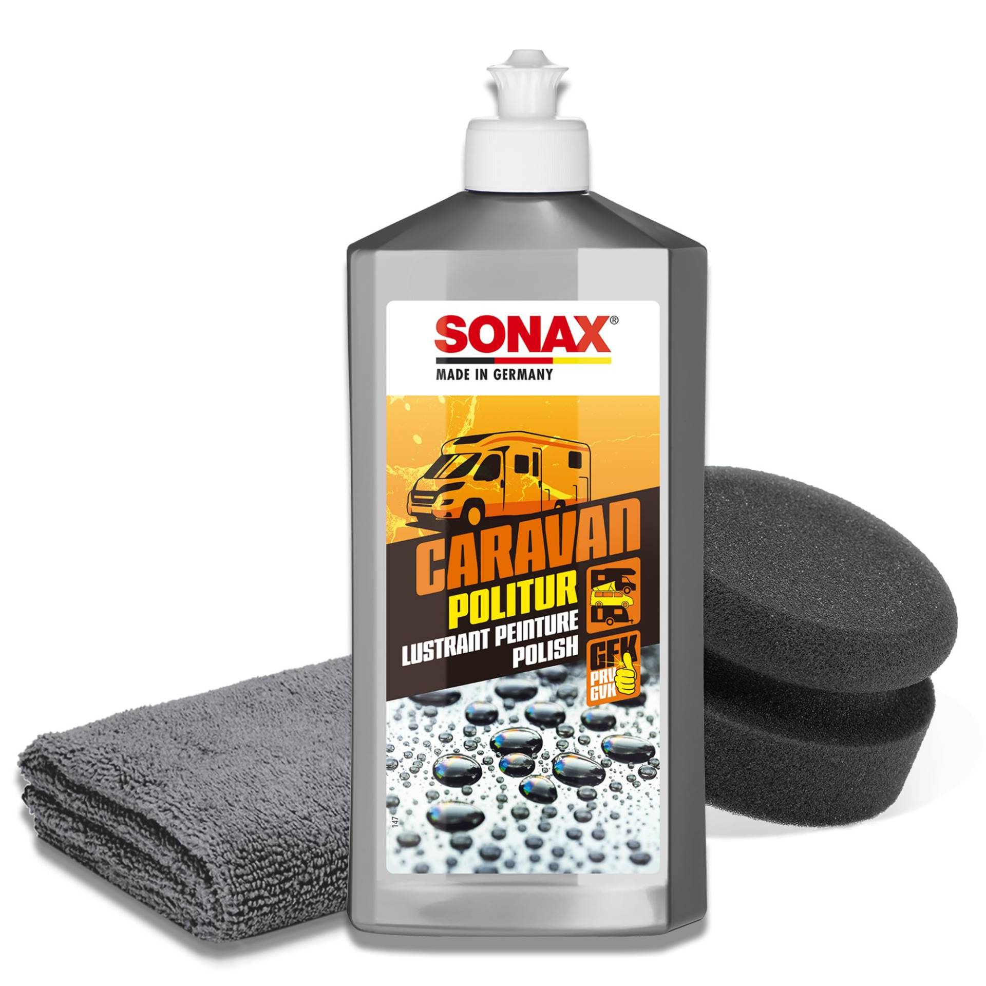 Wohnmobil Politur Set | Sonax Caravan Politur 500ml für Lacke und GFK + Polierpad + Mikrofasertuch | Politur zum Glätten verwitterter Oberflächen und Auffrischen matter Farben am Wohnwagen von autopflege