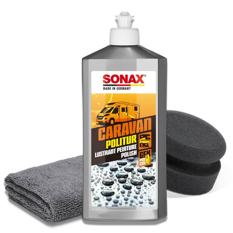 Wohnmobil Politur Set | Sonax Caravan Politur 500ml für Lacke und GFK + Polierpad + Mikrofasertuch | Politur zum Glätten verwitterter Oberflächen und Auffrischen Matter Farben am Wohnwagen von autopflege