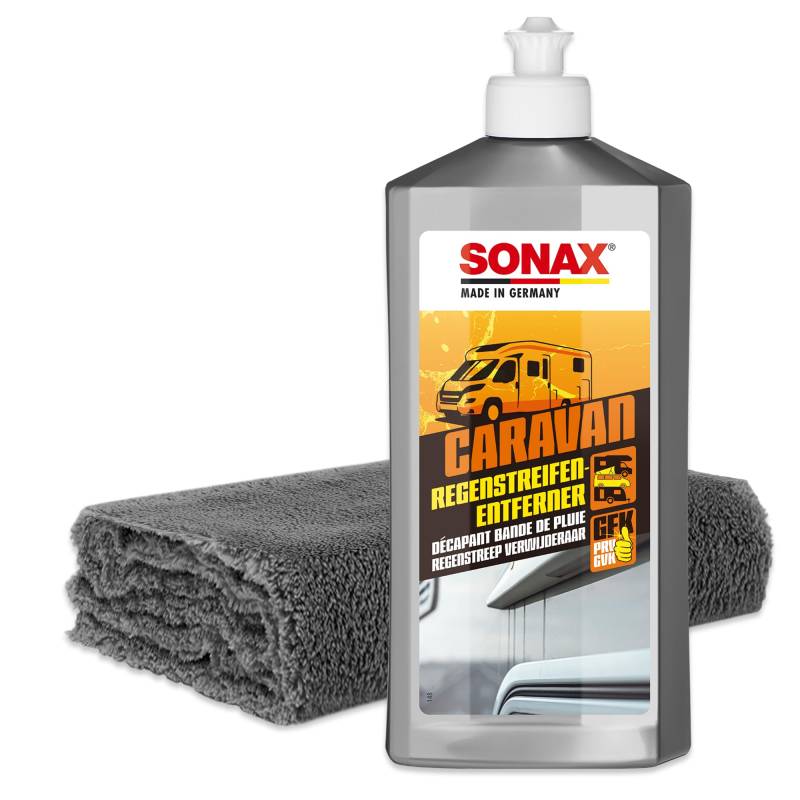 Wohnmobil Regenstreifen Entferner Set | Sonax Caravan Regenstreifenentferner 500ml + Mikrofasertuch | schleifmittelhaltiger Intensivreiniger zur Entfernung von Regenstreifen auf Lack und GfK von autopflege