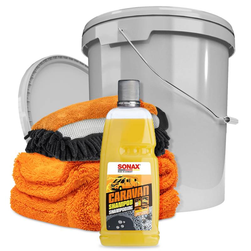 autopflege Wohnmobil Reiniger Set | Sonax Caravan Shampoo 1l + Waschhandschuh + Trockentuch + 16l Wascheimer mit Deckel | Wohnmobilreiniger Caravanreiniger Wohnwagenreiniger von autopflege