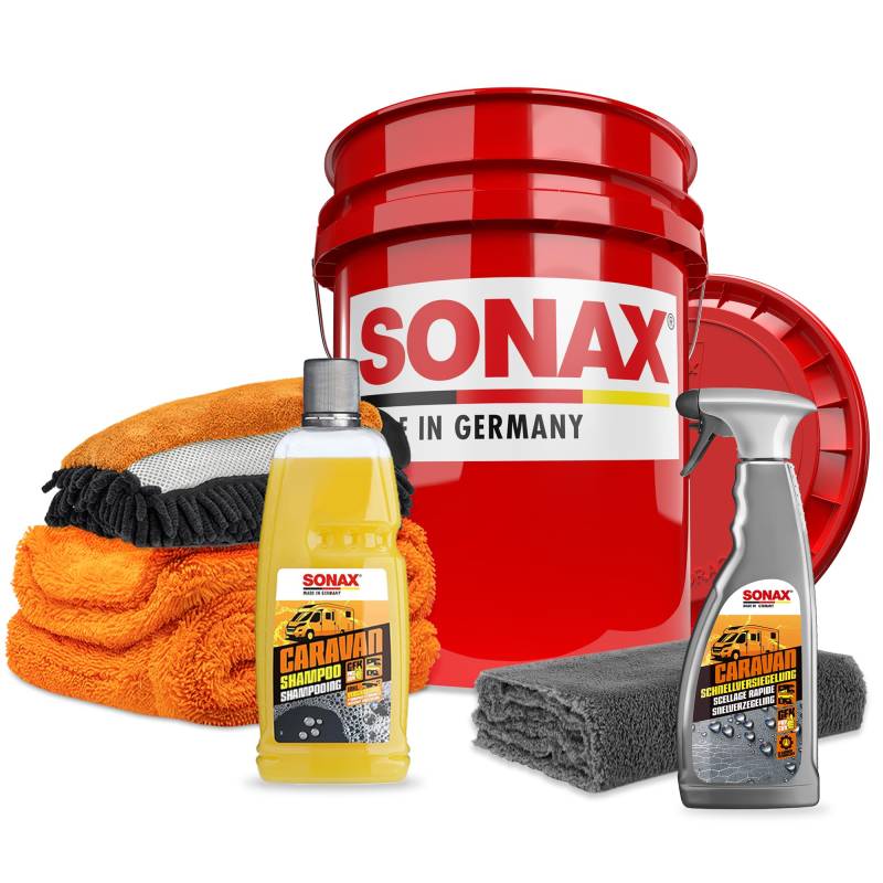 autopflege Wohnmobil Reiniger & Versiegelung Set | Sonax Caravan Shampoo 1l + Caravan Schnellversiegelung 750ml + Wascheimer mit Deckel + Waschhandschuh + Trockentuch + Poliertuch | Wohnmobilreiniger von autopflege