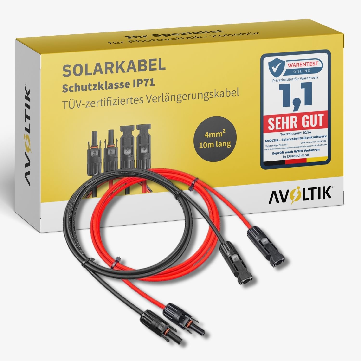 Avoltik Solarkabel 4mm2 in 10m I 1 Paar TÜV-zertifiziertes Balkonkraftwerk Kabel I robustes PV Kabel doppelt isoliert & wetterfest I IP67 Solar-Anschlusskabel I Photovoltaik Kabel rot & schwarz von avoltik