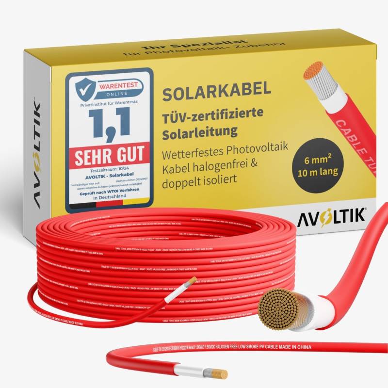 Avoltik Solarkabel 6mm2 in 10 m I TÜV-zertifizierte Solarleitung für Photovoltaik 1500V I robustes Solar Verlängerungskabel H1Z2Z2-K I wetterfestes Photovoltaik Kabel halogenfrei & doppelt isoliert von avoltik