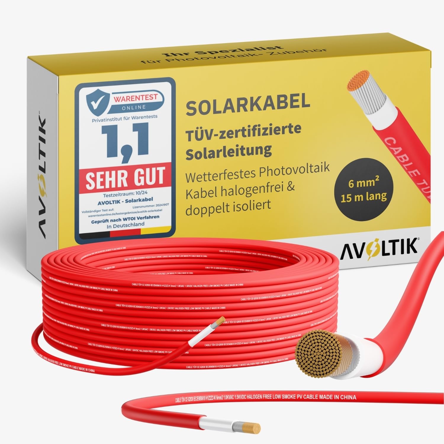 Avoltik Solarkabel 6mm2 in 15 m I TÜV-zertifizierte Solarleitung für Photovoltaik 1500V I robustes Solar Verlängerungskabel H1Z2Z2-K I wetterfestes Photovoltaik Kabel halogenfrei & doppelt isoliert von avoltik