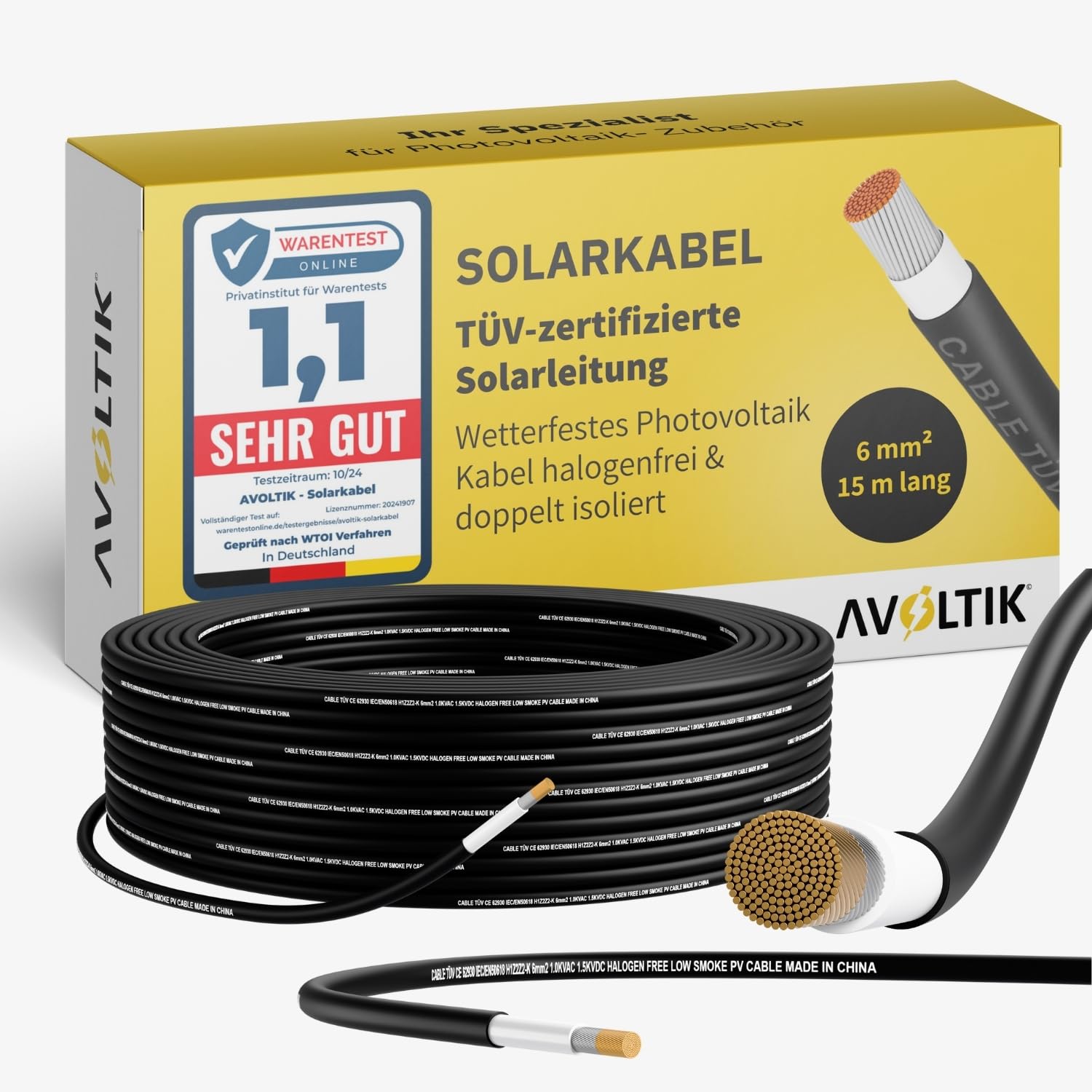 Avoltik Solarkabel 6mm2 in 15 m I TÜV-zertifiziertes Kabel für Photovoltaik 1500V I robustes Solar Verlängerungskabel H1Z2Z2-K I wetterfestes Photovoltaik Kabel halogenfrei doppelt isoliert von avoltik