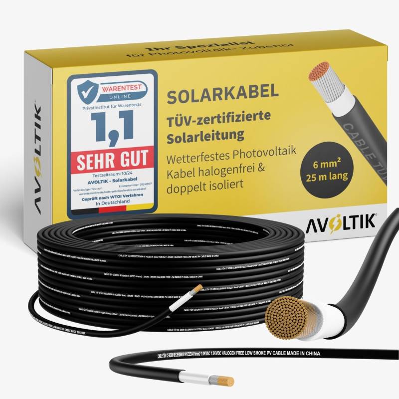 Avoltik Solarkabel 6mm2 in 25 m I TÜV-zertifizierte Solarleitung für Photovoltaik 1500V I robustes Solar Verlängerungskabel H1Z2Z2-K I wetterfestes Photovoltaik Kabel halogenfrei doppelt isoliert von avoltik