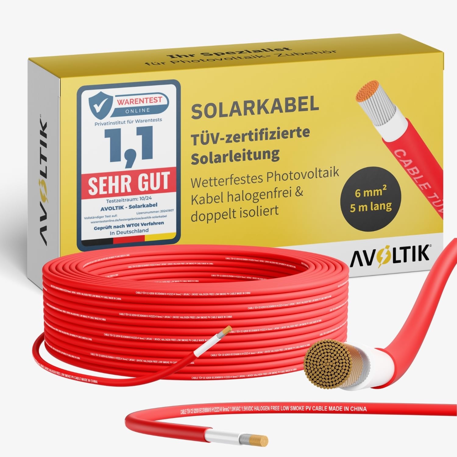 Avoltik Solarkabel 6mm2 in 5 m I TÜV-zertifizierte Solarleitung für Photovoltaik 1500V I robustes Solar Verlängerungskabel H1Z2Z2-K I wetterfestes Photovoltaik Kabel halogenfrei & doppelt isoliert von avoltik