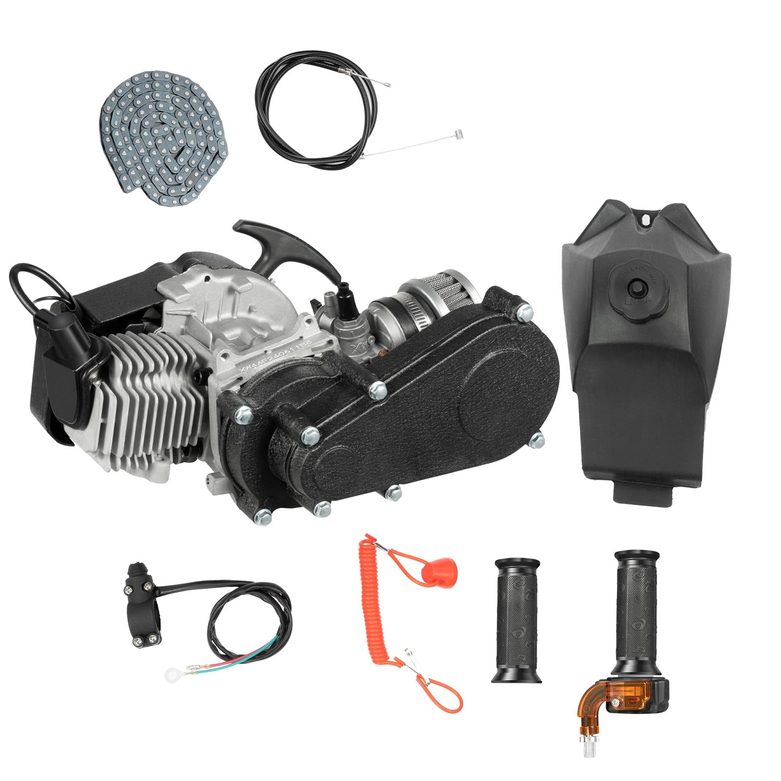 awolsrgiop 49cc 2Takt Motor, Pocket Bike Motor Mini Benzinmotor für Pocket Bike Mini Dirt Bike, Einzylinder Complete Engine Motor Kit mit Kraftstofftank, Gaskabel, Kabelbaum, Griff, Kette von awolsrgiop