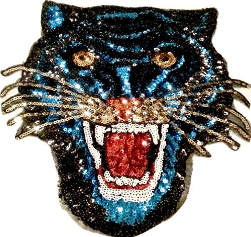 Pailletten Strass Glitzer Tiger Aufnäher Patches groß Tiger für Jacken Aufbügler zum aufnähen aufbügeln " Sehr hochwertiger Glitzer Tiger 23 x 23cm FARBVARIANTEN “ (blau) von B2SEE