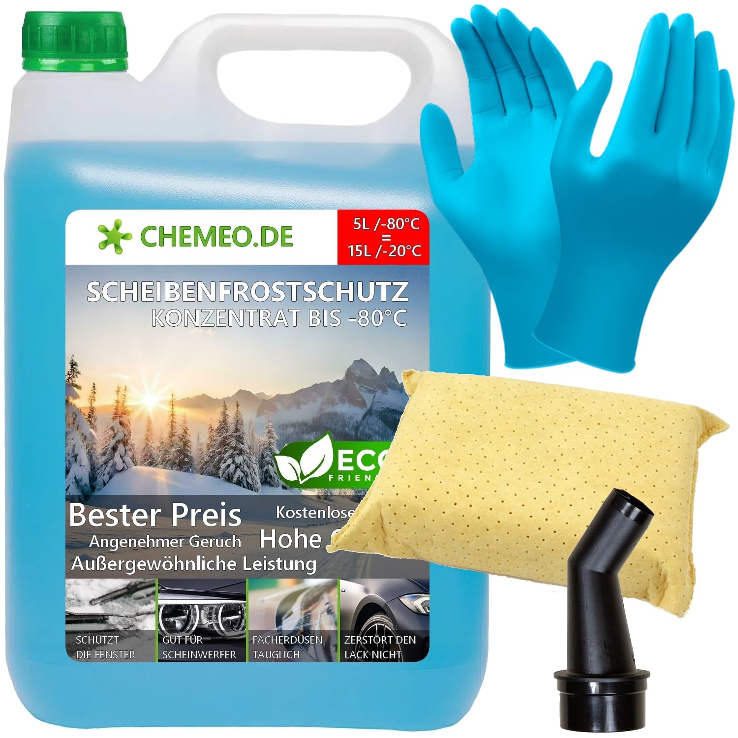 beeco STORE CHEMEO® Scheibenfrostschutz -80°C, 5L Konzentrat = 15L Gebrauchsfertig Scheibenwaschanlagen-Frostschutz -20°C, Scheibenwaschflüssigkeit, Scheibenwischwasser, Scheibenreiniger für Winter von beeco STORE