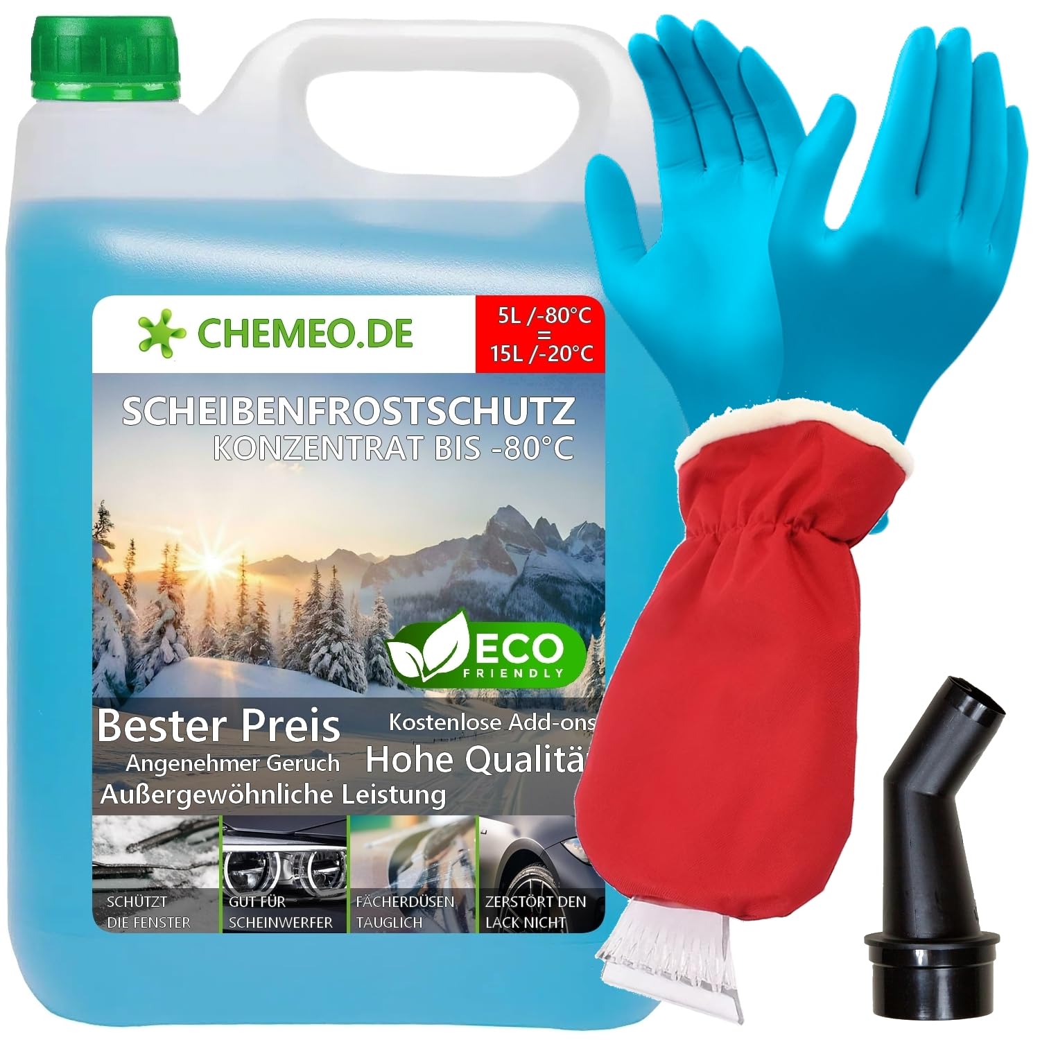 beeco STORE CHEMEO® Scheibenfrostschutz -80°C, 5L Konzentrat = 15L Gebrauchsfertig Scheibenwaschanlagen-Frostschutz -20°C, Scheibenwaschflüssigkeit, Scheibenwischwasser, Scheibenreiniger für Winter von beeco STORE