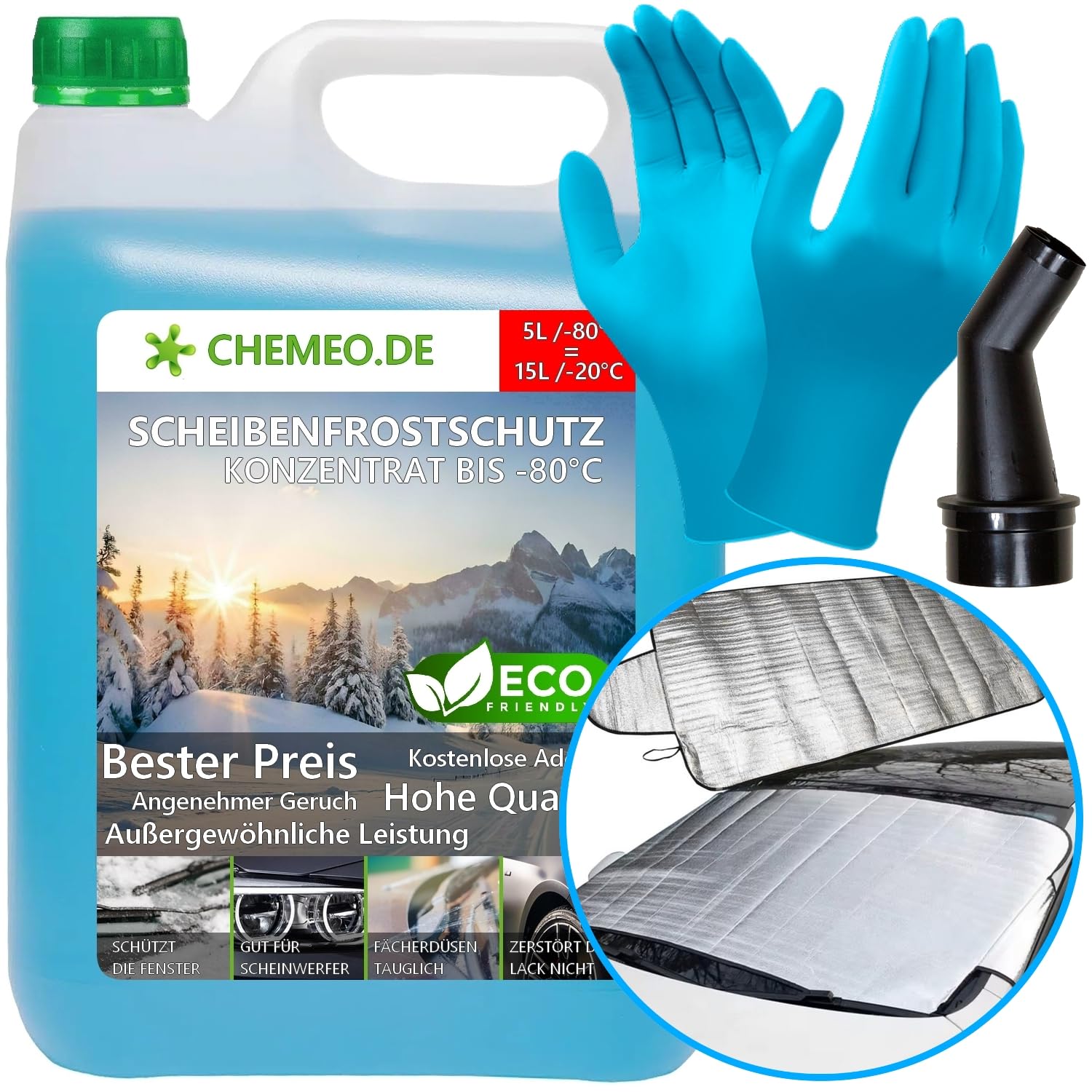 beeco STORE CHEMEO® Scheibenfrostschutz -80°C, 5L Konzentrat = 15L Gebrauchsfertig Scheibenwaschanlagen-Frostschutz -20°C, Scheibenwaschflüssigkeit, Scheibenwischwasser, Scheibenreiniger für Winter von beeco STORE