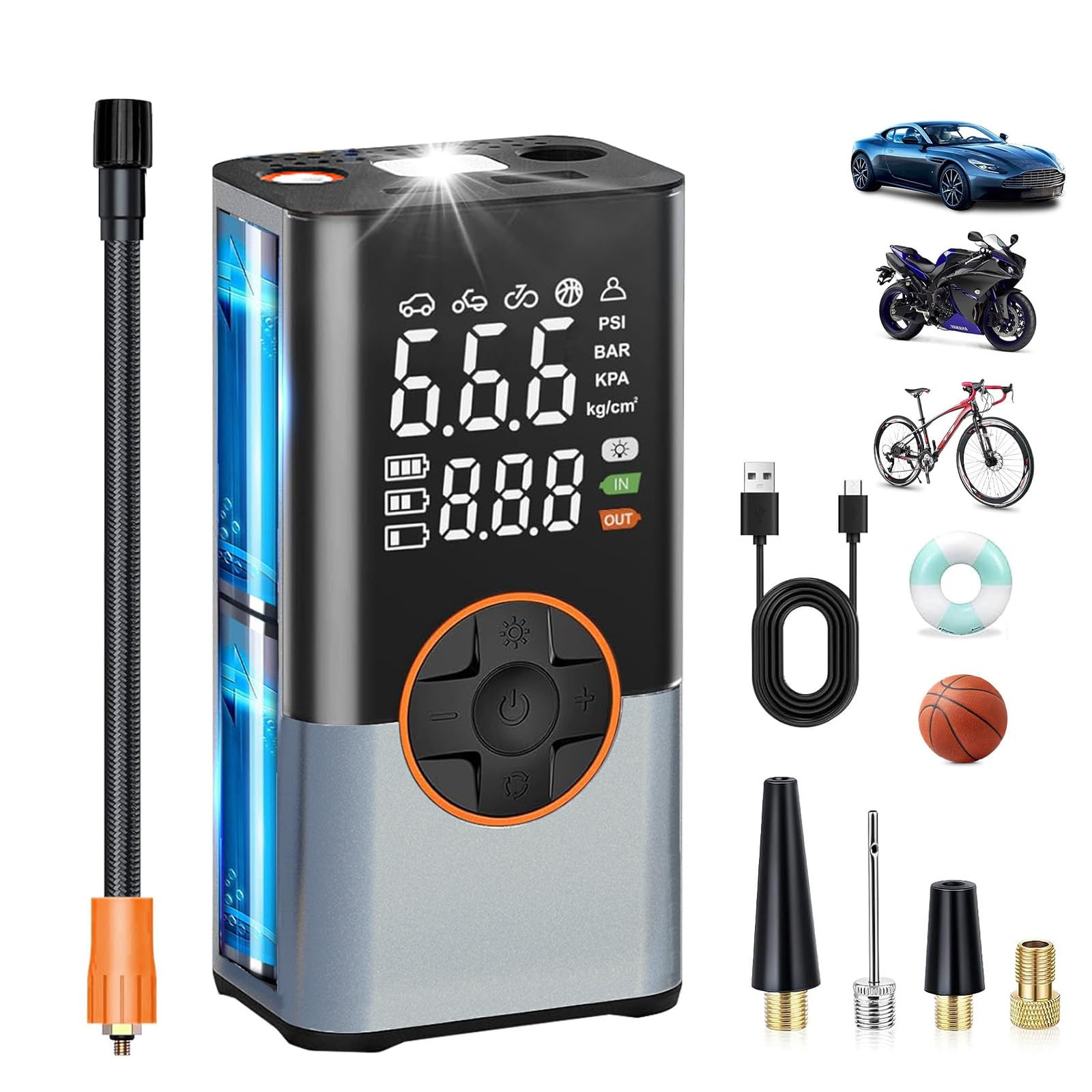 Bestyks Elektrische Luftpumpe 12V 4000mAh Wiederaufladbarer Autoreifen Pumpe 150 Psi Elektrischer Kompressor Fahrradpumpe mit USB/LED-Licht für Auto Fahrrad Motorrad BäLle,USB-Powerbank (12V 4000mAh) von bestyks