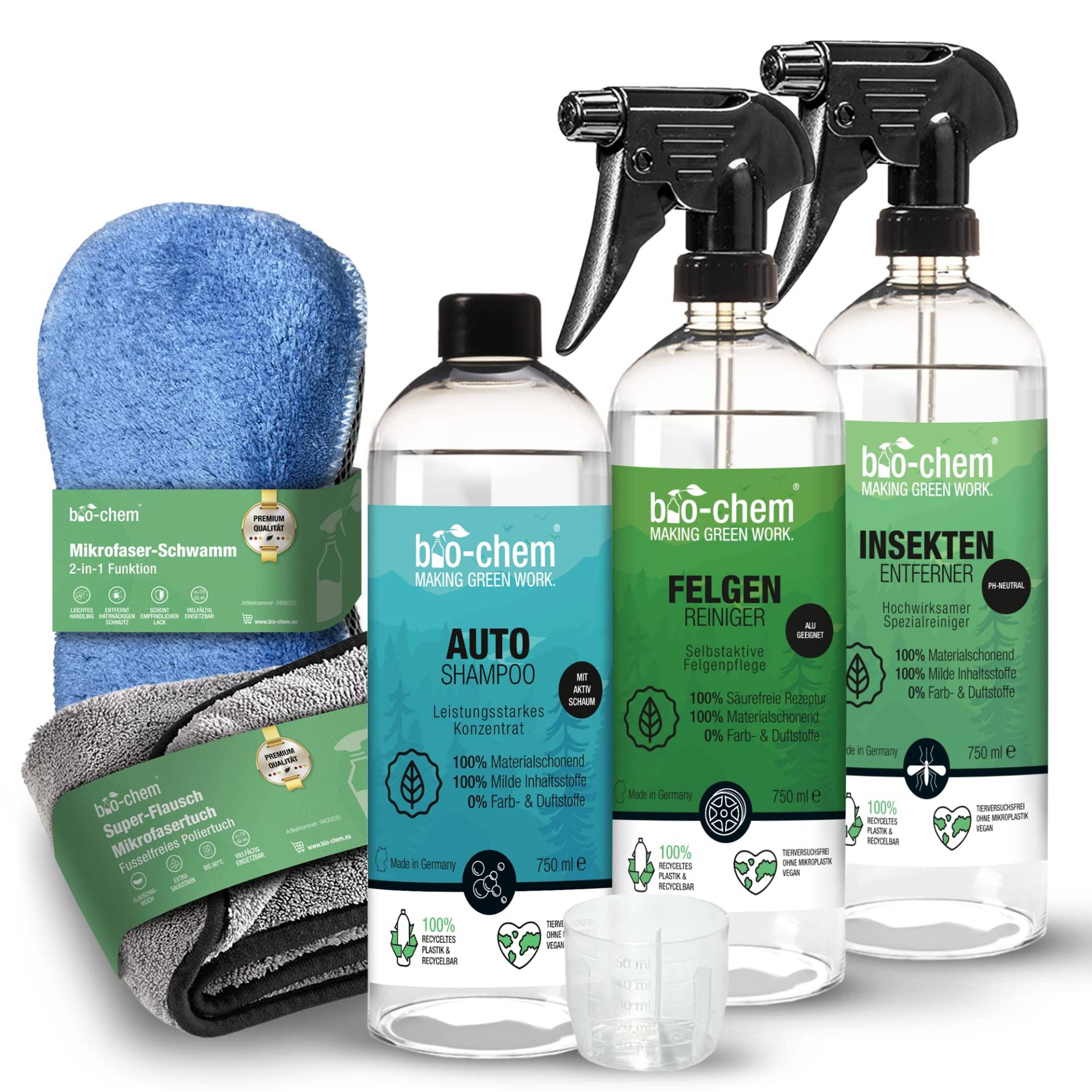 bio-chem Auto Reinigungsset Aussen Profi 5-teilig - für lackschonende Reinigung Aller KFZ-Oberflächen - Auto-Shampoo, Insektenentferner, Felgenreiniger, Flausch-Tuch & 2-in-1 Mikrofaser-Schwamm von bio-chem