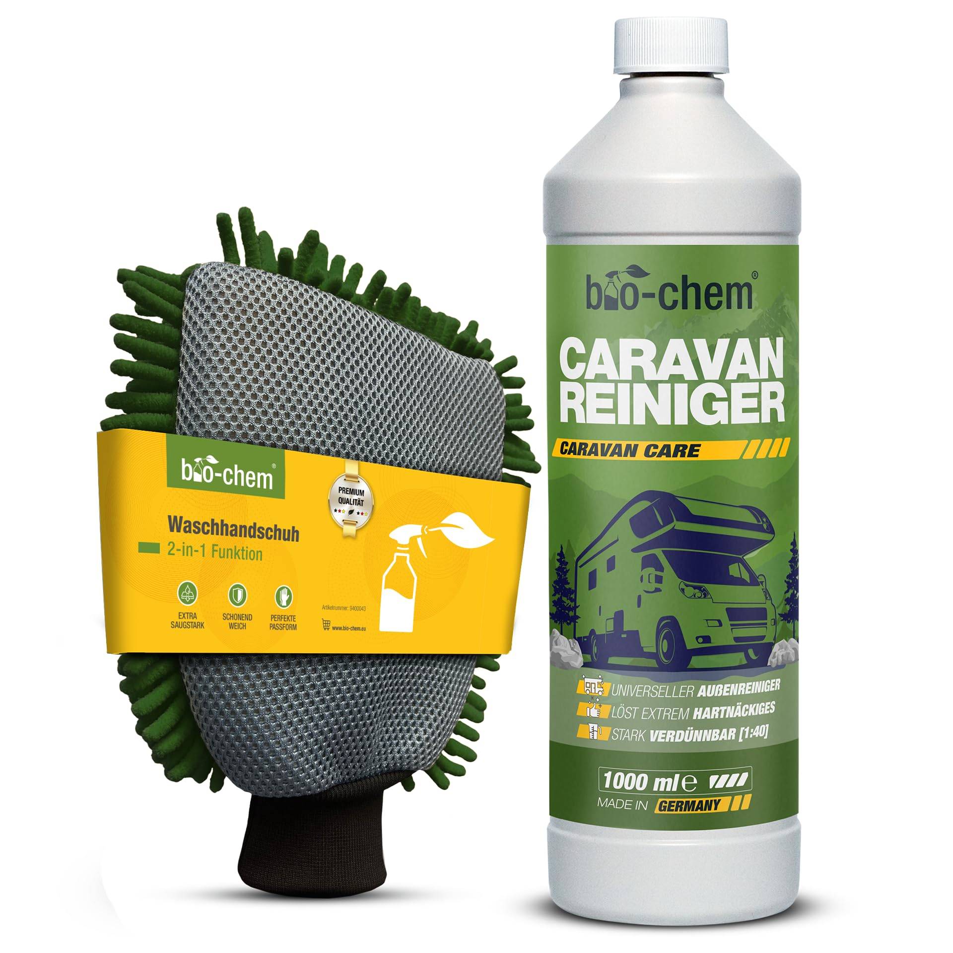 bio-chem Caravan- und Wohnmobil-Reiniger - Extra Starkes Konzentrat - 1000 ml inkl. 2-in-1 Mikrofaser-Schwamm - Reiniger für Wohnmobile, Wohnwagen, Vorzelte, Regenstreifenentferner - Made in DE von bio-chem