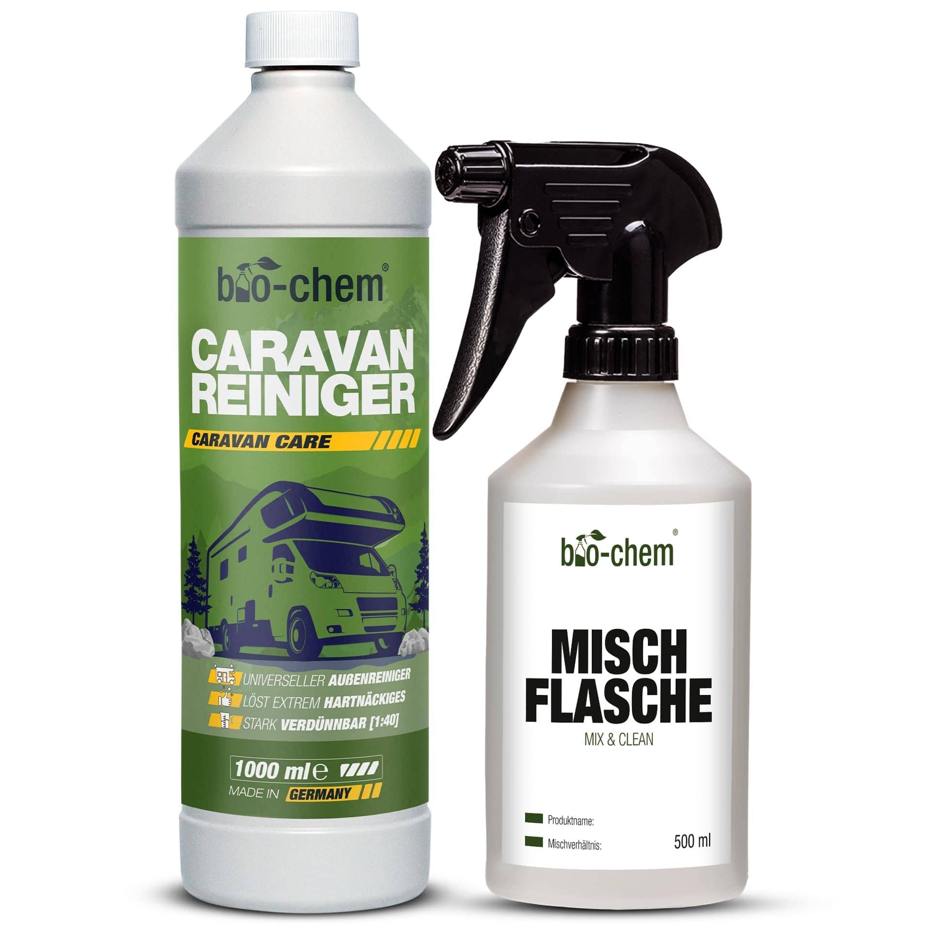 bio-chem Caravan- und Wohnmobil-Reiniger - Extra Starkes Konzentrat - 1000 ml + Handspray-Mischflasche - Reiniger für Wohnmobile, Wohnwagen, Vorzelte, Regenstreifenentferner - Made in DE von bio-chem