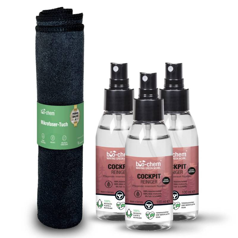 bio-chem Cockpit-Pflege 3X 100 ml Cockpitspray + Mikrofasertuch I Auto Innenraum Reiniger mit schonender Pflege für Leder und Kunststoff I Sorgt für strahlenden Glanz mit Schutz von bio-chem