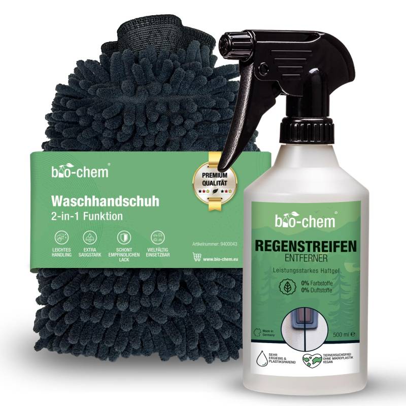 bio-chem Regenstreifen-Entferner für Wohnmobil, Caravan, Boot - 500 ml + Mikrofaser Waschhandschuh - Tiefenwirksames Haftgel - entfernt mühelos hartnäckige Verschmutzungen - Made in DE von bio-chem