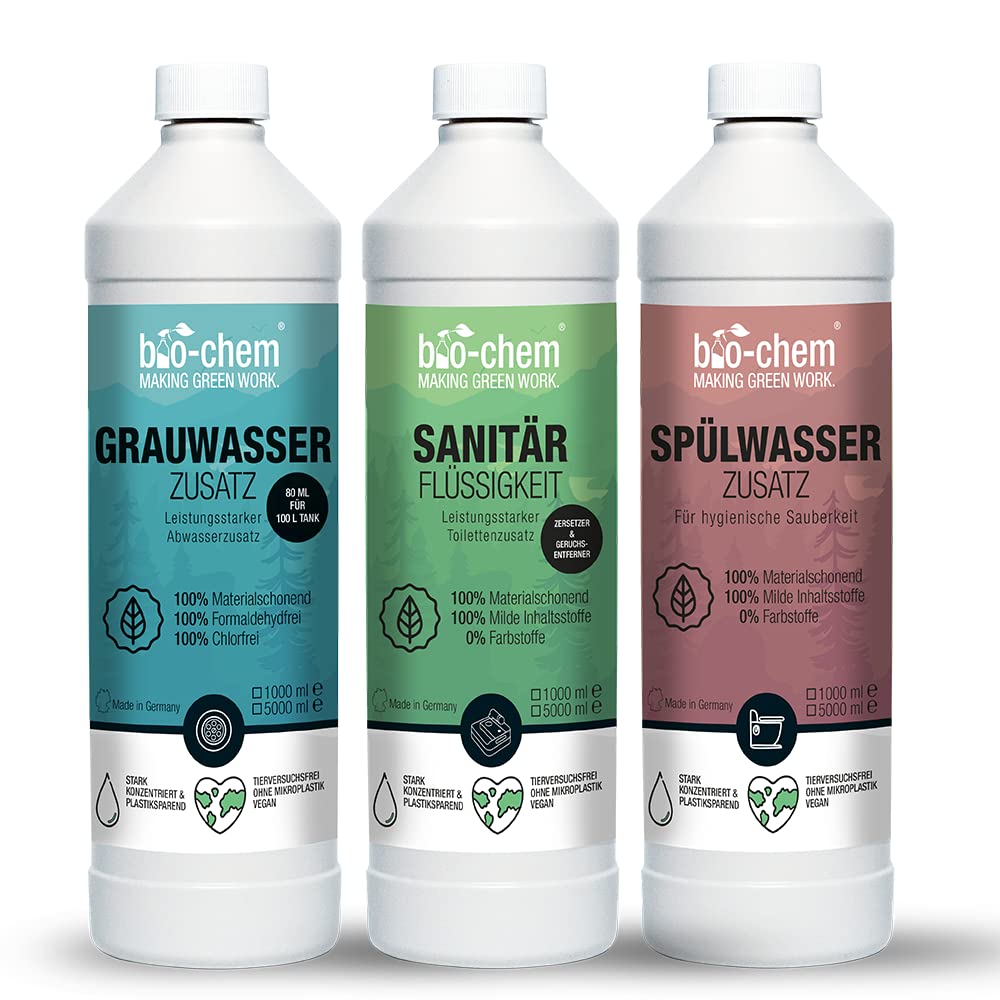 Campingtank-Set 3-teilig: Bio Sanitärflüssigkeit 1 l + Grauwassertank-Zusatz 1 l + Spülwasser-Zusatz 1 l | Starke Tank-Reiniger zur effektiven Geruchsbekämpfung für Frische in allen mobilen Tanks von bio-chem