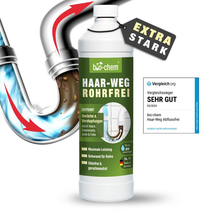 bio-chem Haar-Weg Abflussfrei – Abflussreiniger EXTRA STARK – 1000 ML - Bis zu 20 Anwendungen je Flasche Rohrreiniger – Extrem effektiv & materialschonend gegen Verstopfungen & Haare - Made in DE von bio-chem