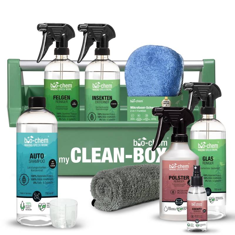 bio-chem CLEANTEC Autopflege Premium Set 9-teilig für das gesamte Auto im Innenraum und Außenbereich I Optimales Pflegeset für die Anwendung außen und innen I Mit Mikrofasertuch und Werkzeugbox von bio-chem