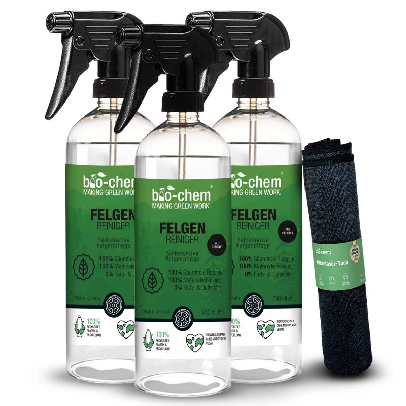 bio-chem Felgenreiniger 3X 750 ml inkl. Tuch - Extrem stark gegen Schmutz, sanft zu Allen Felgen: Stahl- und Alufelgen, Chrom poliert und matt - säurefrei und biologisch abbaubar - Made in Germany von bio-chem