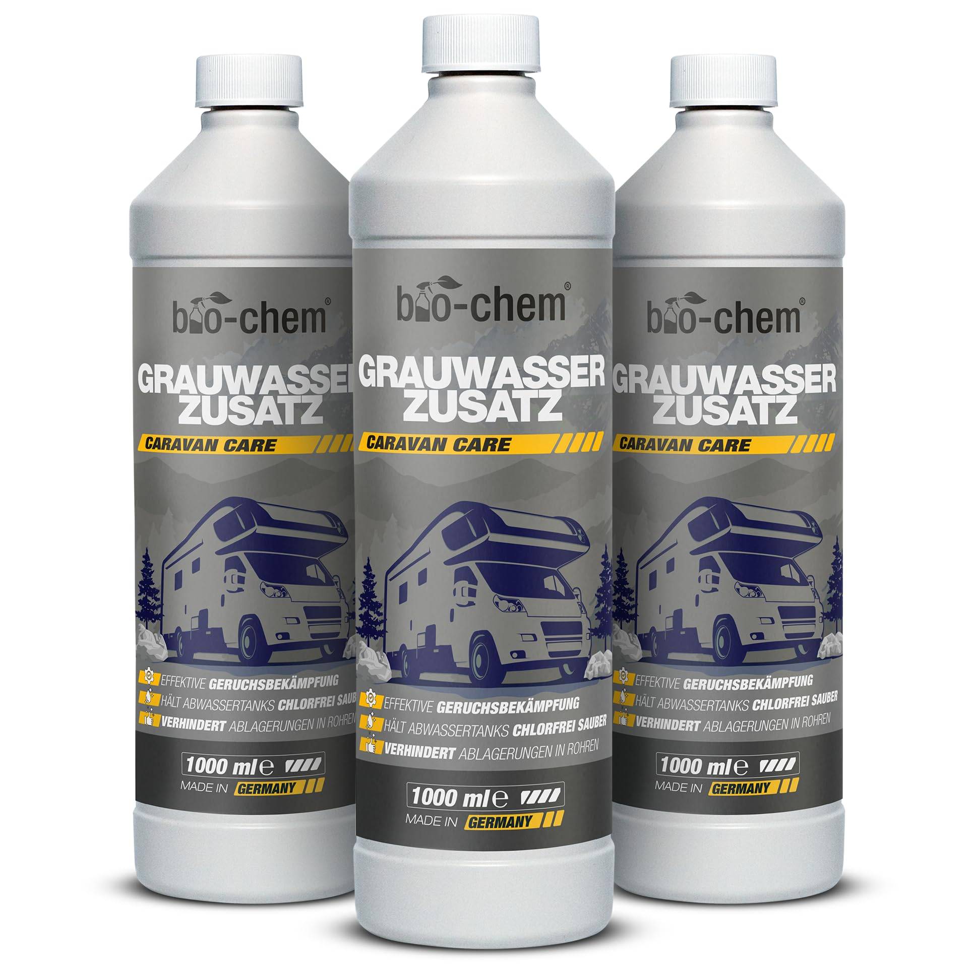 bio-chem Grauwassertank-Zusatz - 3X 1000 ml Konzentrat - Tank-Reiniger für Schmutzwasser-, Grauwasser- und Abwasser-Tank von Wohnmobil, Wohnwagen - Made in DE von bio-chem