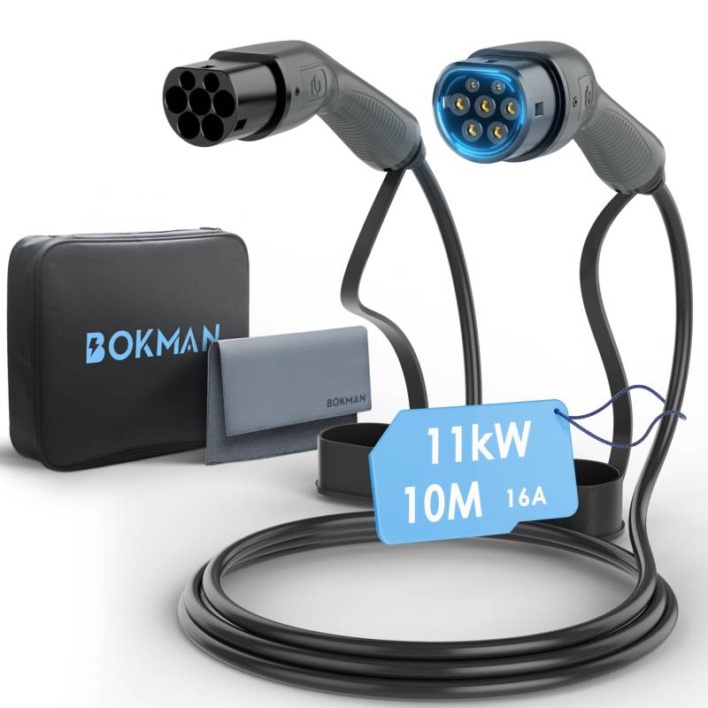 bokman Typ 2 Ladekabel, Modus 3 / 16A / 11 kW / 3-Phasig / 10 Meter, Typ 2 auf Typ 2 EV Ladekabel für Elektroauto mit Tragetasche und Mikrofasertuch von bokman