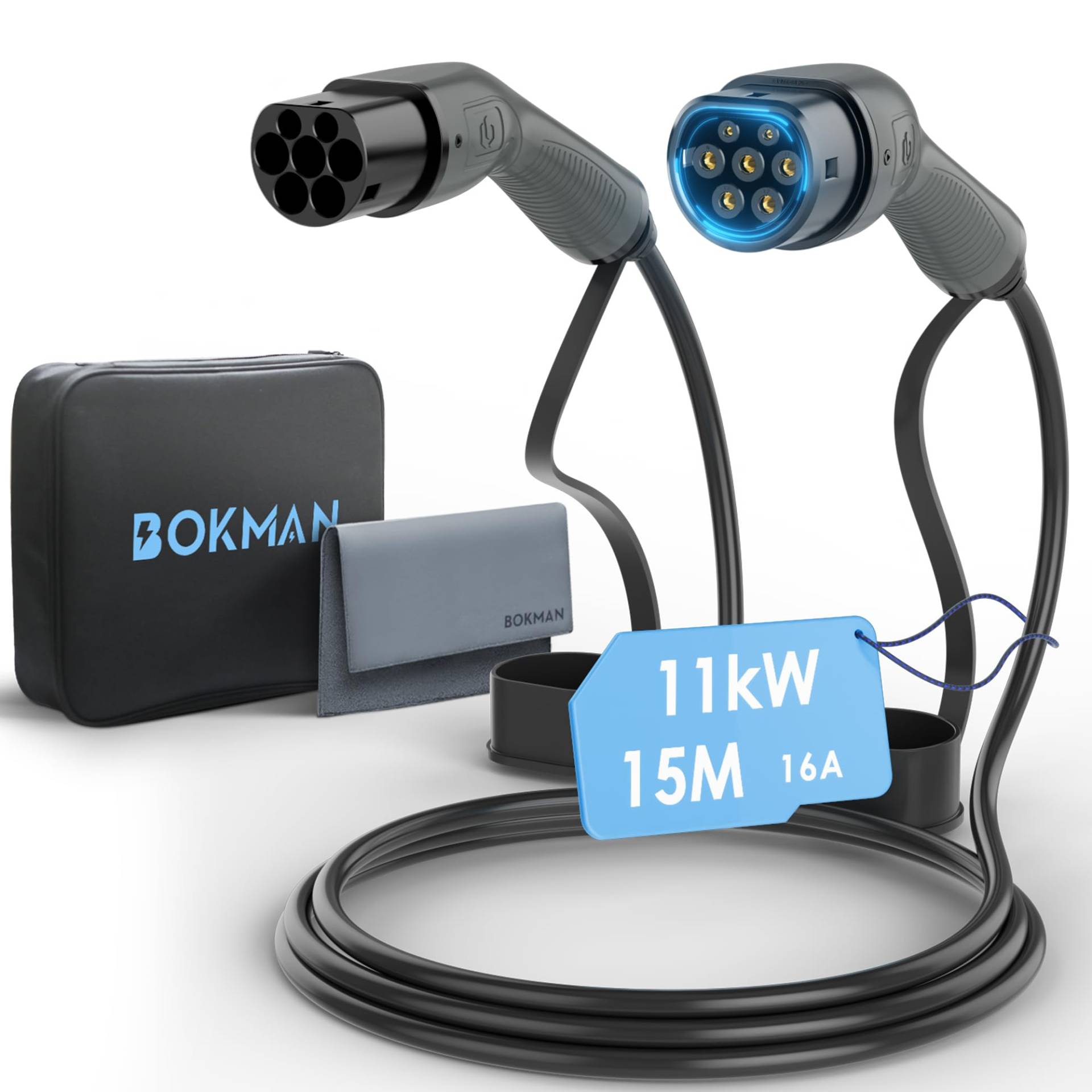 bokman Typ 2 Ladekabel, Modus 3 / 16A / 11 kW / 3-Phasig / 15 Meter, Typ 2 auf Typ 2 EV Ladekabel für Elektroauto mit Tragetasche und Mikrofasertuch von bokman