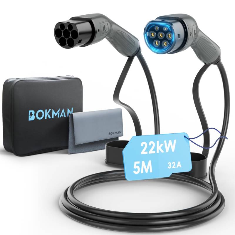 bokman Typ 2 Ladekabel, Modus 3 / 32A / 22 kW / 3-Phasig / 5 Meter, Typ 2 auf Typ 2 EV Ladekabel für Elektroauto mit Tragetasche und Mikrofasertuch von bokman