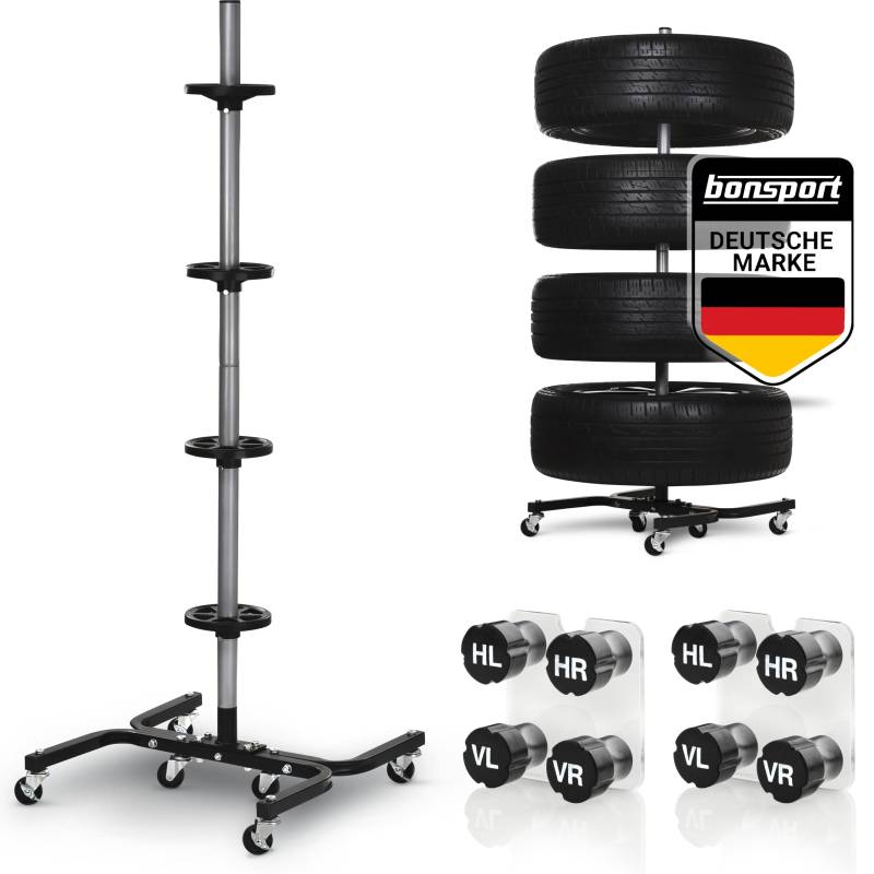 Felgenbaum XL für Autoreifen bis 295mm fahrbar - Reifenständer belastbar bis 150 kg inkl. 8 Reifen Markierer - Reifenbaum mit Rollen von bonsport