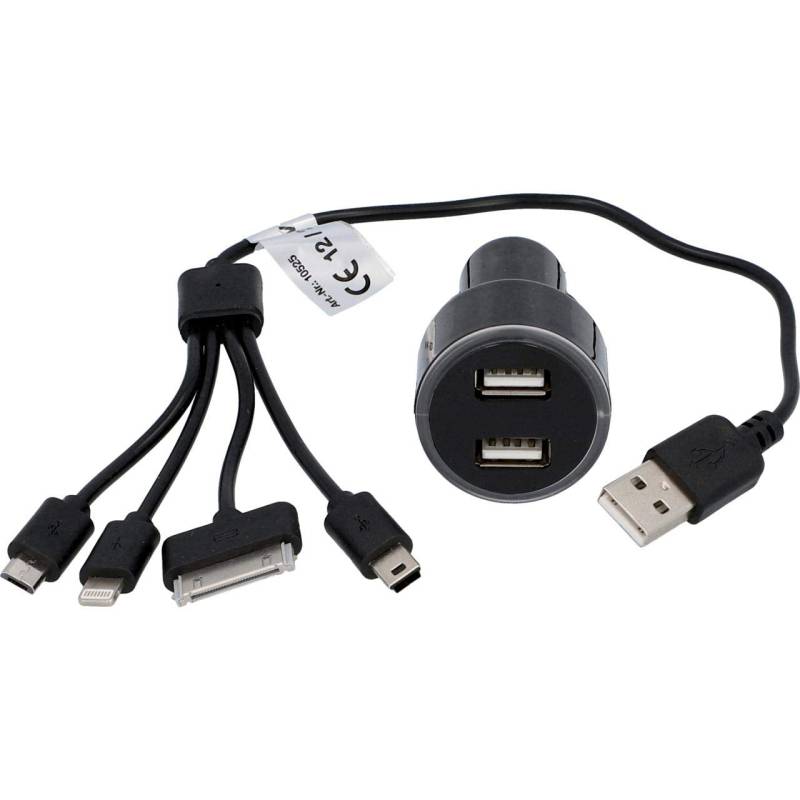 Kfz-USB-Lade-Set 4 in 1, 12/24 Volt mit blauem Leuchtring, schwarz von cartrend