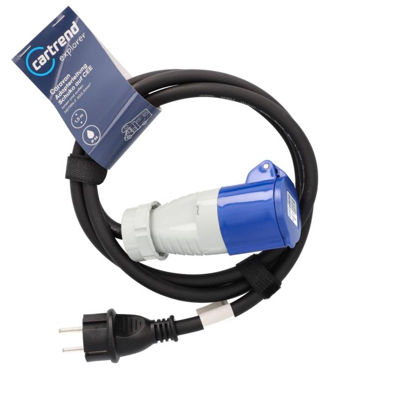 cartrend Explorer CEE Adapter mit CEE-Kupplung und Schutzkontaktstecker zum Anschluss von Wohnmobilen und Wohnwägen an Externe Stromversorgung, IP44, 1,5m, schwarz von cartrend