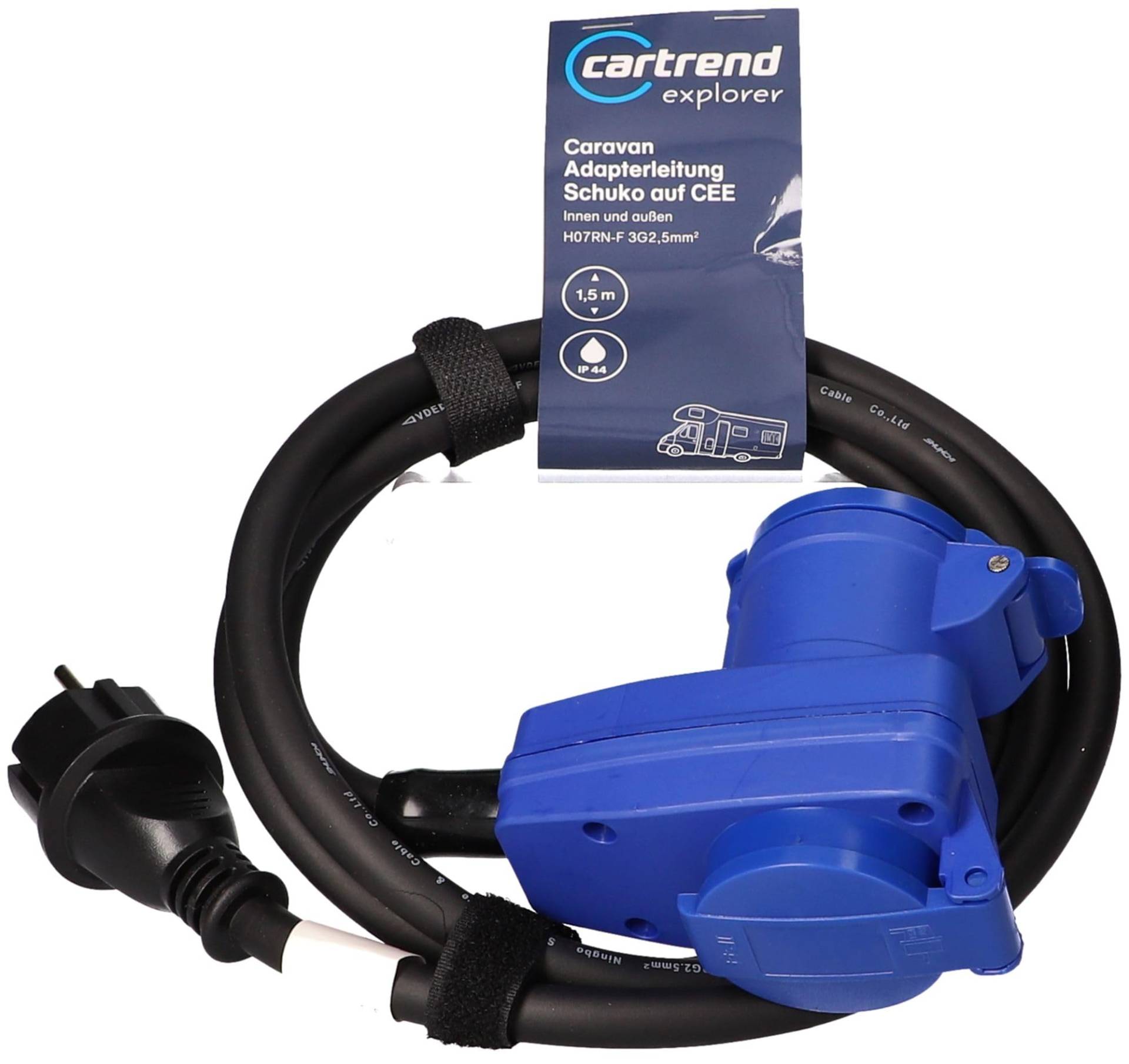 cartrend Explorer CEE Adapter mit CEE-Winkelkupplung und Schutzkontaktstecker, zum Anschluss von Wohnmobilen und Wohnwägen an Externe Stromversorgung, IP44, 1,5m, schwarz von cartrend