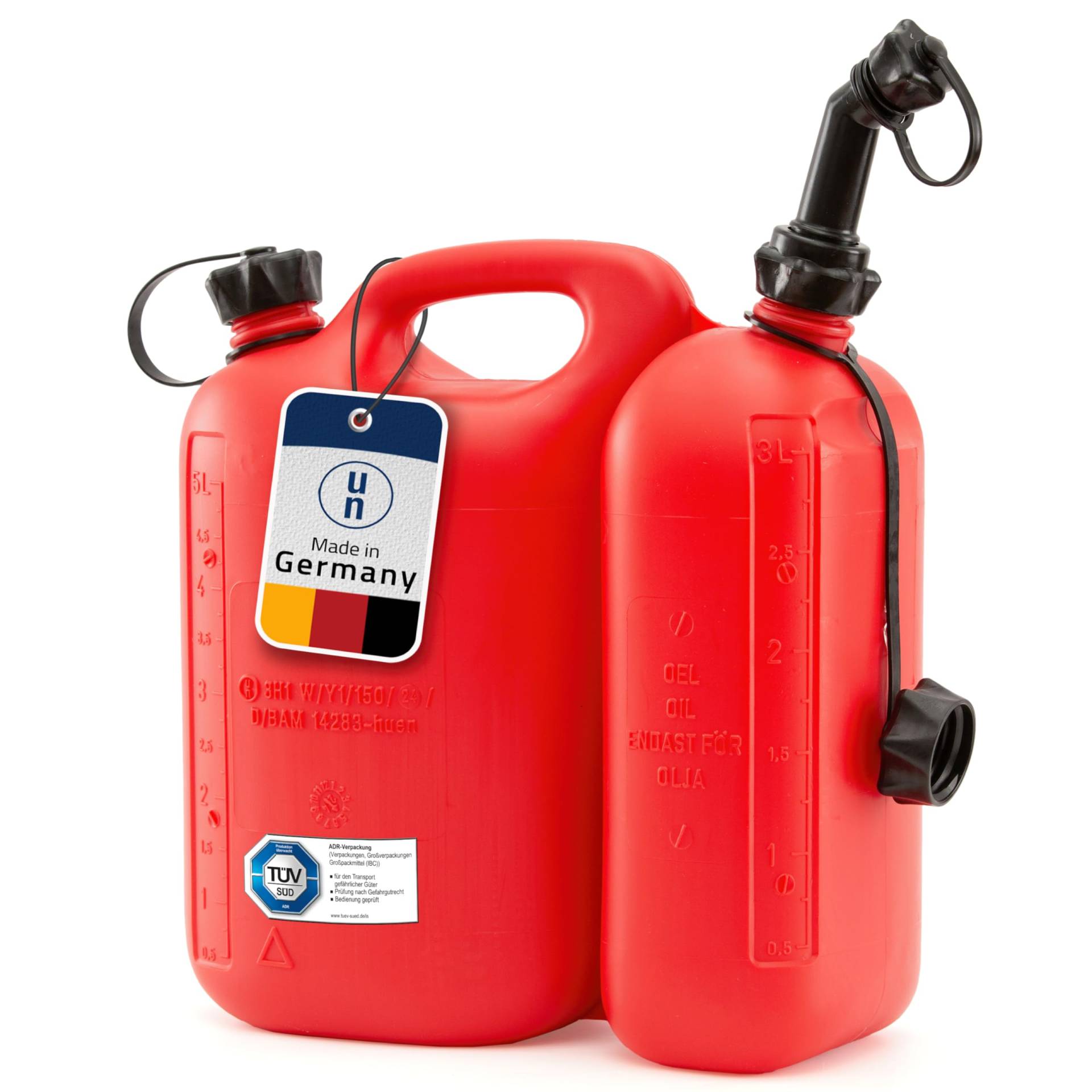 hünersdorff ECO Doppelkanister / Kombikanister für Kraftstoff und Öl mit zwei Einfüllsystemen, 5,5 + 3 Liter, UN-Zulassung, Made in Germany, rot von hünersdorff