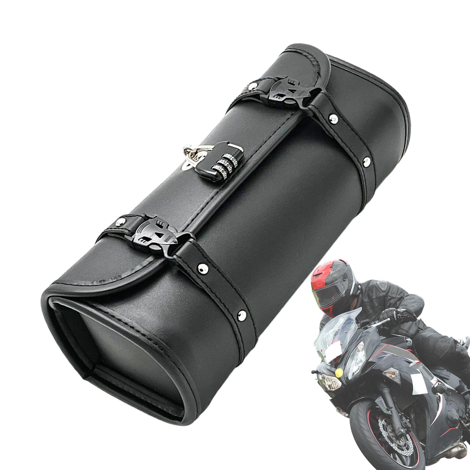 Motorcycle Handlebar Bag, Front Fork Saddlebag, Waterproof PU Leather, Retro Motorcycle Bag with Waterproof, Lock for Front Fork and Retro Style for Keeping Needs Secure (1 Piece) von ccuzs