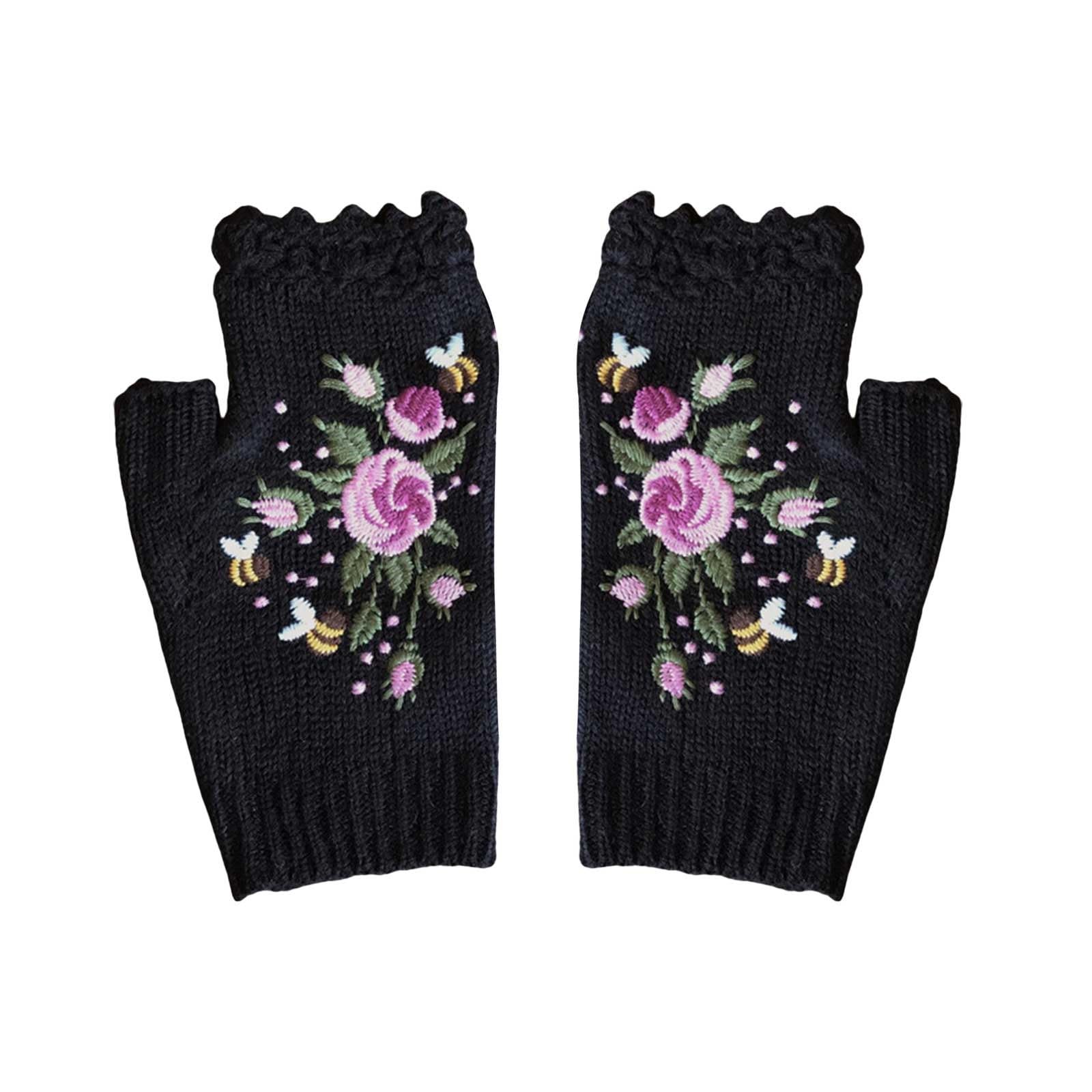 cfpqv 2023 Handbestickte Handschuhe Damen-Strickhandschuhe Blumenhandschuhe Gestickte fingerlose Handhandschuhe Handgestrickte fingerlose bestickte Blumenhandschuhe Handschuhe Glätteisen (Black, A) von cfpqv