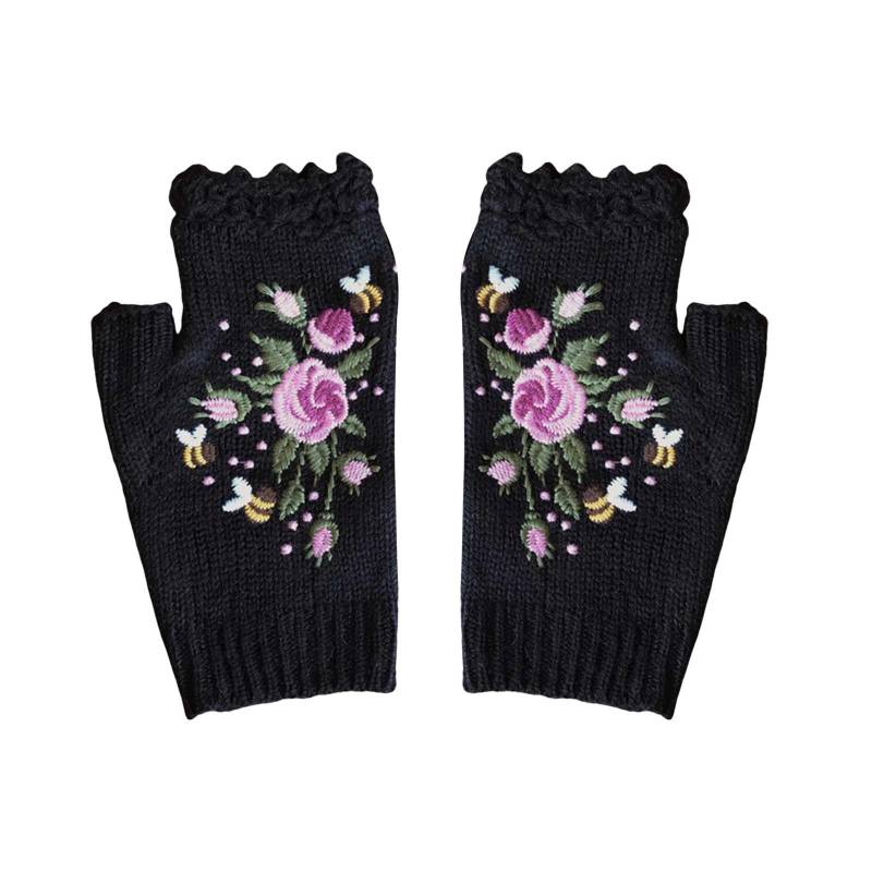 cfpqv 2023 Handbestickte Handschuhe Damen-Strickhandschuhe Blumenhandschuhe Gestickte fingerlose Handhandschuhe Handgestrickte fingerlose bestickte Blumenhandschuhe Handschuhe Glätteisen (Black, A) von cfpqv