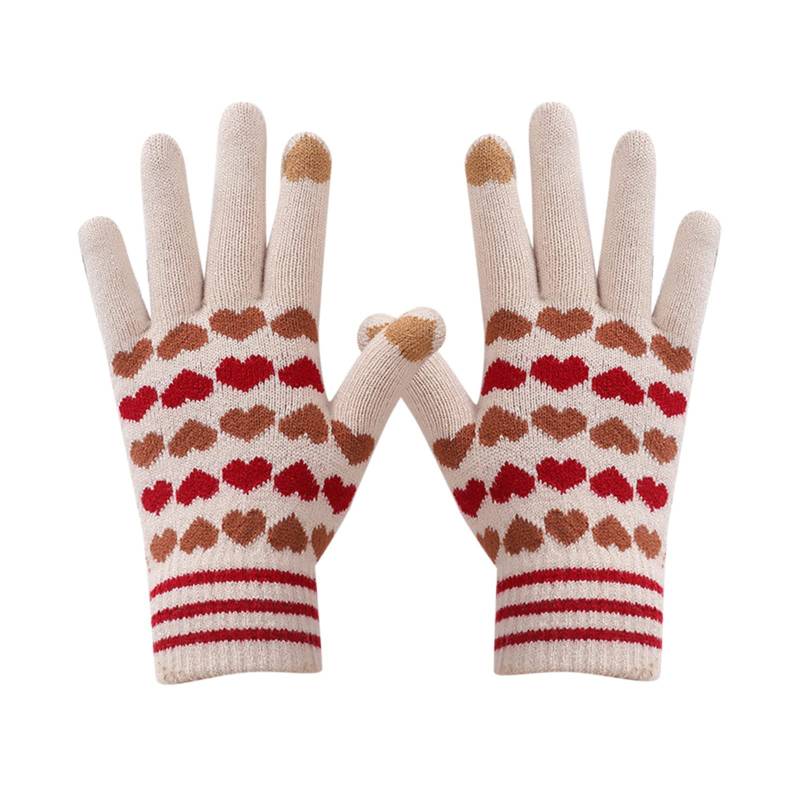 cfpqv Frauen können Screen-Handschuhe aktivieren Warme Stretch-Strickhandschuhe Fäustlinge Winter Warm halten Stricken Herz Druck Golves Studenten Outdoor Reiten Wandern Fäustlinge (Beige, One Size) von cfpqv