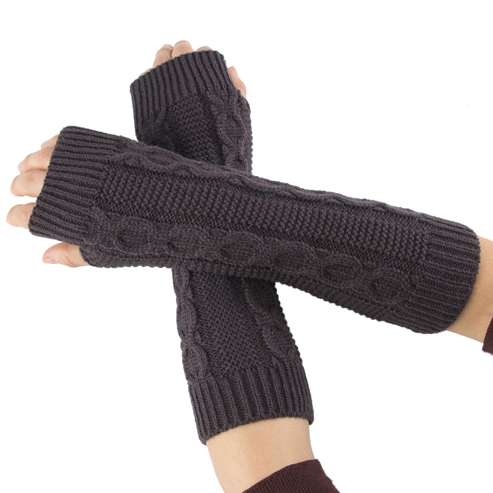 cfpqv Winterwarme Damen-lange Zopfmuster-Strick-Acryl-Handschuhe Armstulpen Fingerlose Handschuhe -Handschuhe Fäustlinge Teufel Kleid Damen (Dark Gray, One Size) von cfpqv