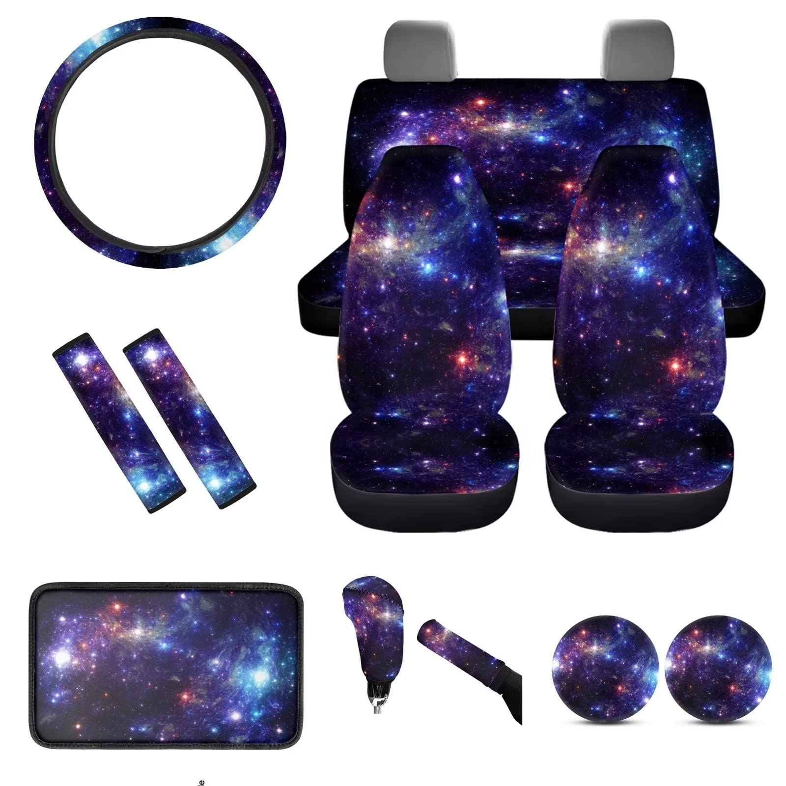 chaqlin Autositzbezüge, Motiv: Galaxie-Nacht, vollständiges Set, Rücksitzschutz, Lenkradbezug, Armlehnenbezug, Sicherheitsgurtpolster, Untersetzer, 12 Stück von chaqlin