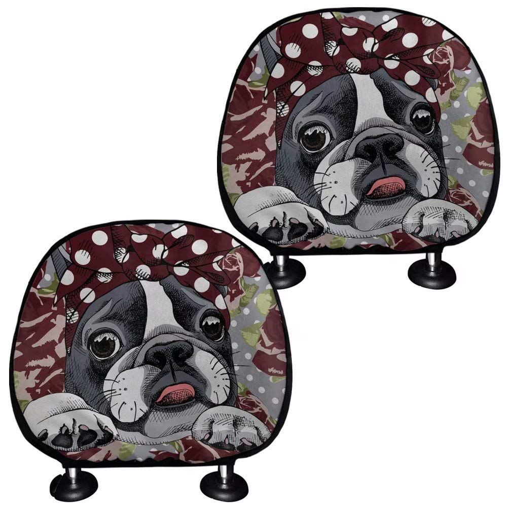 chaqlin 2er Pack Boston Terrier Print Auto Vordersitz Kopfstützenbezüge Auto Innenzubehör Auto Kopfstützenschutz Abdeckung Universal Fit Fahrzeuge LKW SUV Van von chaqlin