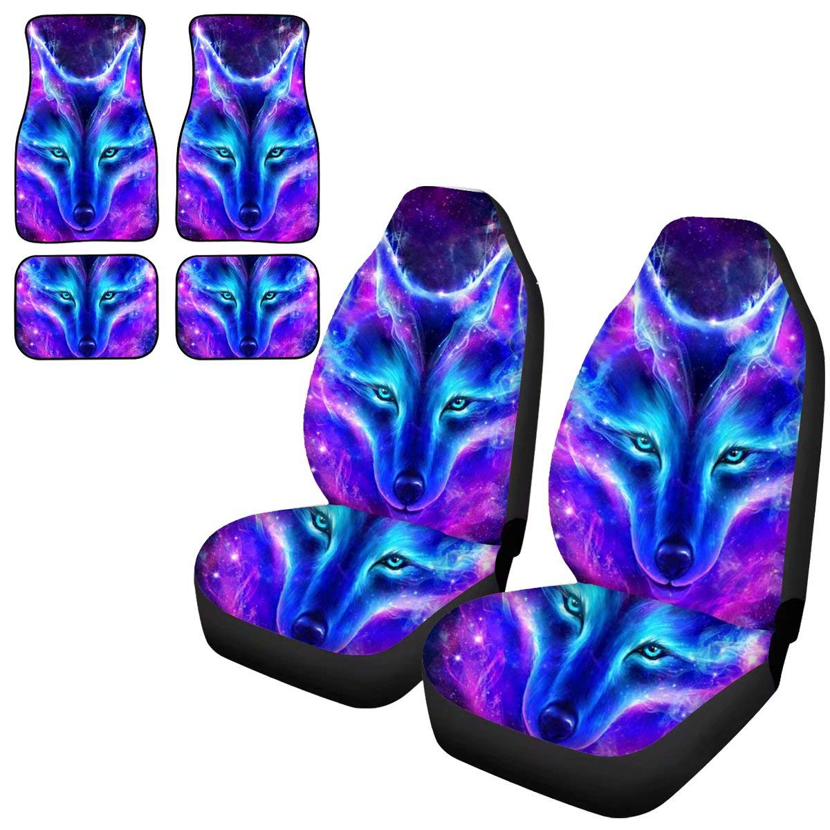 chaqlin 3D Galaxy Wolf Muster 4 Stück Kissen Auto Fußmatten Komplettes Set und 2 Stück Vordersitzbezug für Universal LKW SUV Van von chaqlin