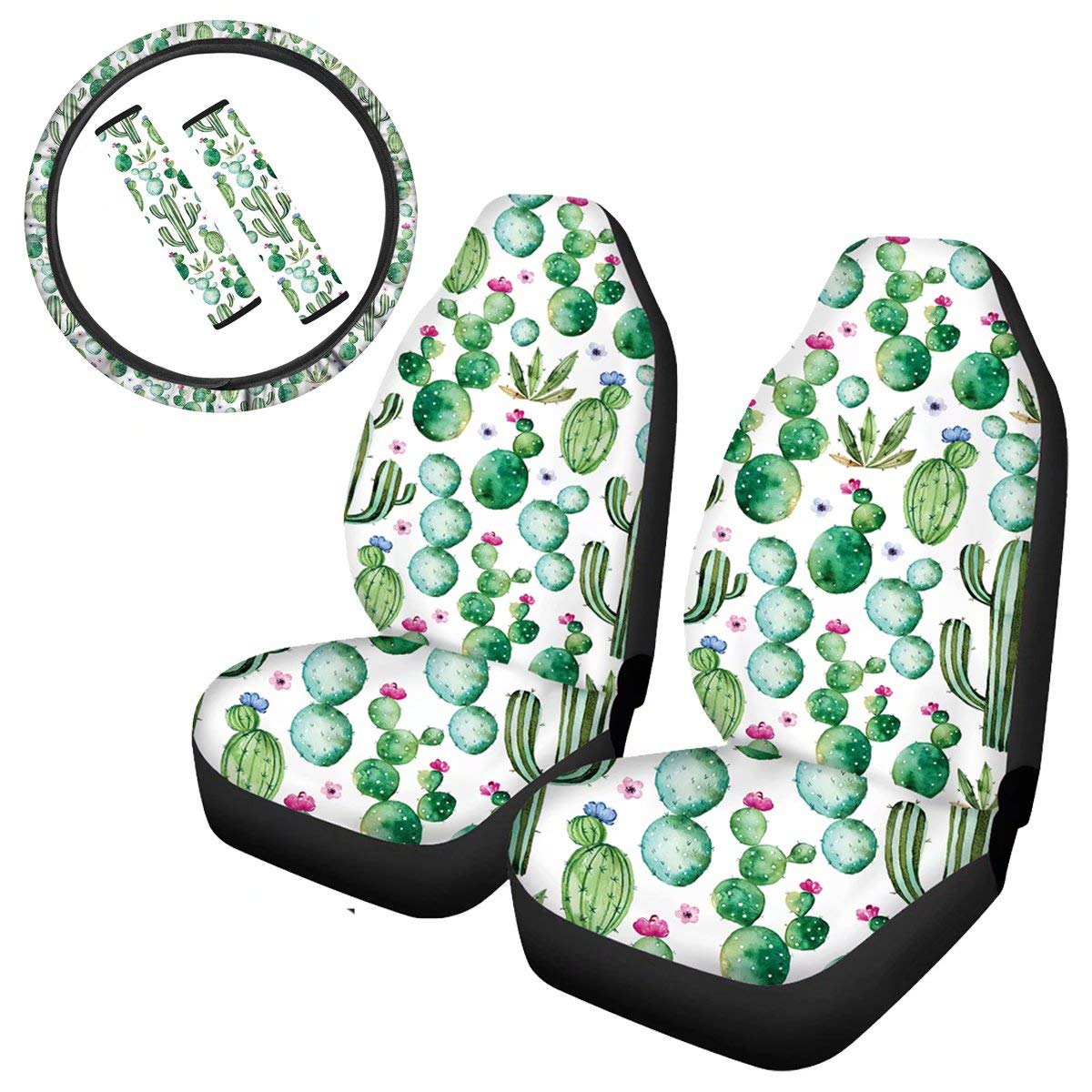 chaqlin 5er Pack Cactus Car Vordersitzbezüge Rücksitzschutz Universal-Lenkradbezüge Sicherheitsgurt Schulterpolster Auto Interior Accessiores Full Set Dekor für Damen Damen von chaqlin