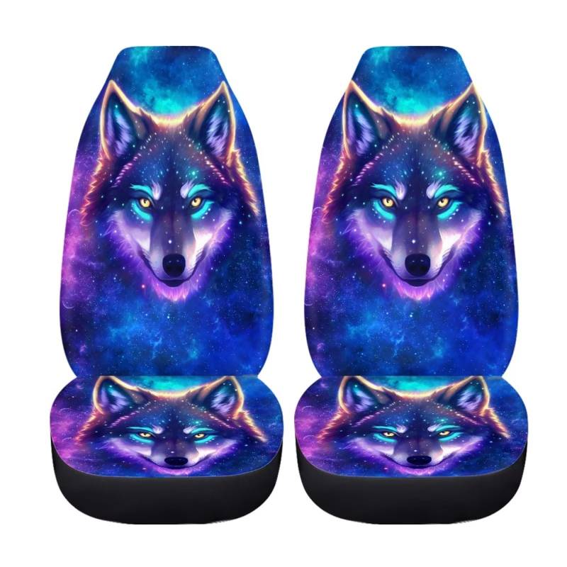 chaqlin Animal Galaxy Wolf Autositzbezüge Set für Damen und Herren, 2er Set Tier Wolf Fahrzeuge Schalensitzbezug Auto Vordersitzkissen Universal Fit von chaqlin