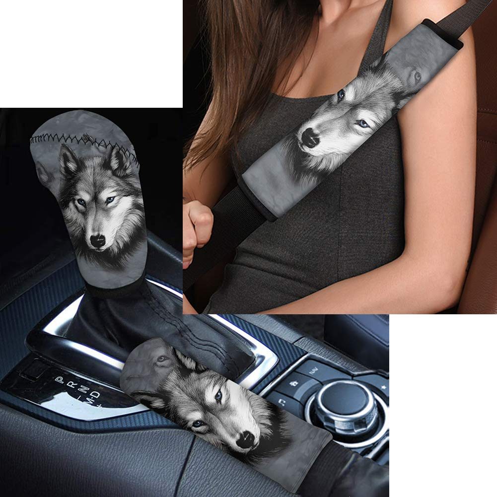 chaqlin Animal Grey Wolf Schaltknauf Abdeckung & Handbremsabdeckung & Sicherheitsgurtpolster Set 4 Stück rutschfest weich atmungsaktiv Auto Innenraum Zubehör von chaqlin